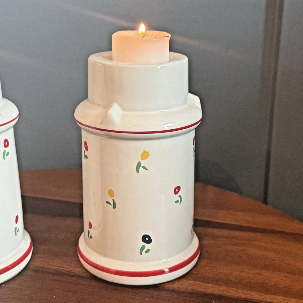 Vintage Tulip Ceramic Candlestick Holders Milk Can‎ Pair Cottagecore Riva Japan